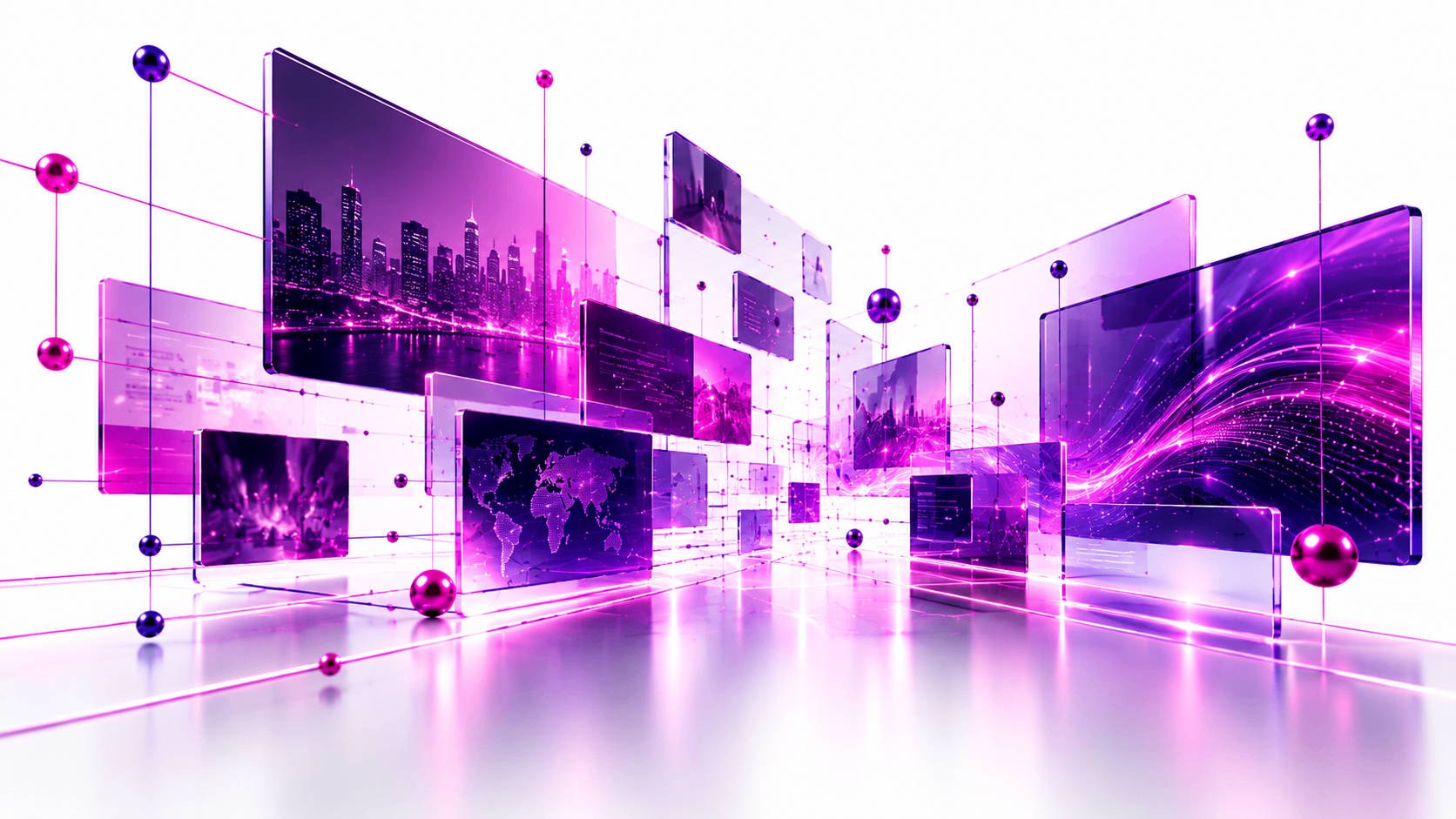 Floating media screens connected across a publishing environment