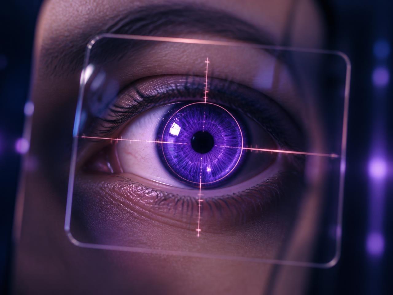 Close-up of a human eye behind a transparent glass board with an etched crosshair aligned on the iris