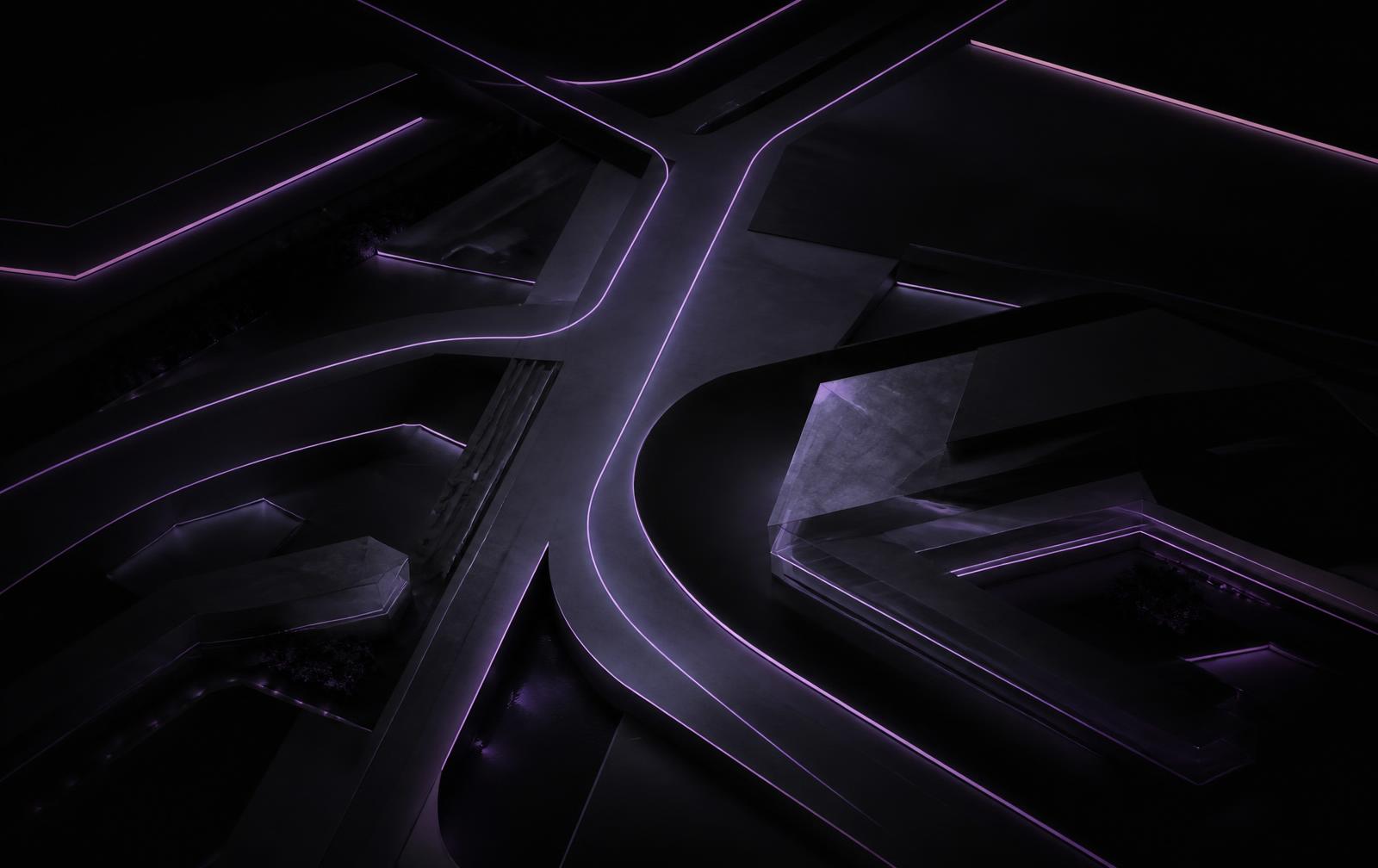 Abstract illuminated architectural pathways representing connected media environments